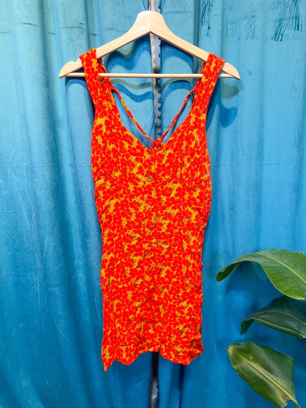 Yellow and Red Flowy Dress - Floral Poppies Mini Dress (Medium)